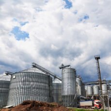 Agricultural Silos. Building Exterior. Storage and drying of grains, wheat, corn, soy, sunflower against the blue sky with white clouds.